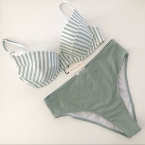 Onia x WeWoreWhat 2pc Bikini Jadeite Striped Lydia Top & Emily Bottom L NWT